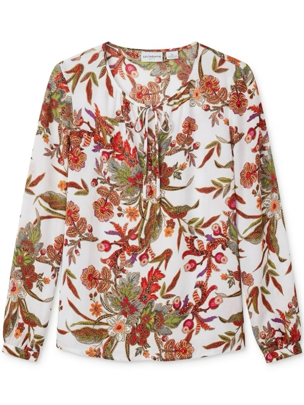 Liz Claiborne Petite White with Orange and Green Floral Pattern Tie-Neck Blouse
